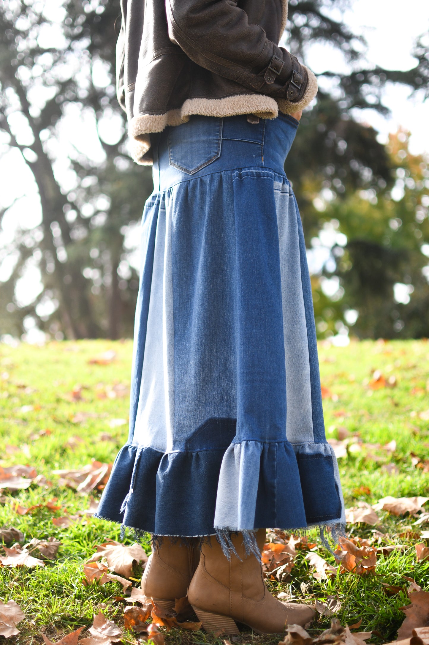 Handmade 1 Of 1 Upcycled Three Tier Patchwork Denim Long Skirt With Ruffle From Jeans Only One One Size Small Size Medium