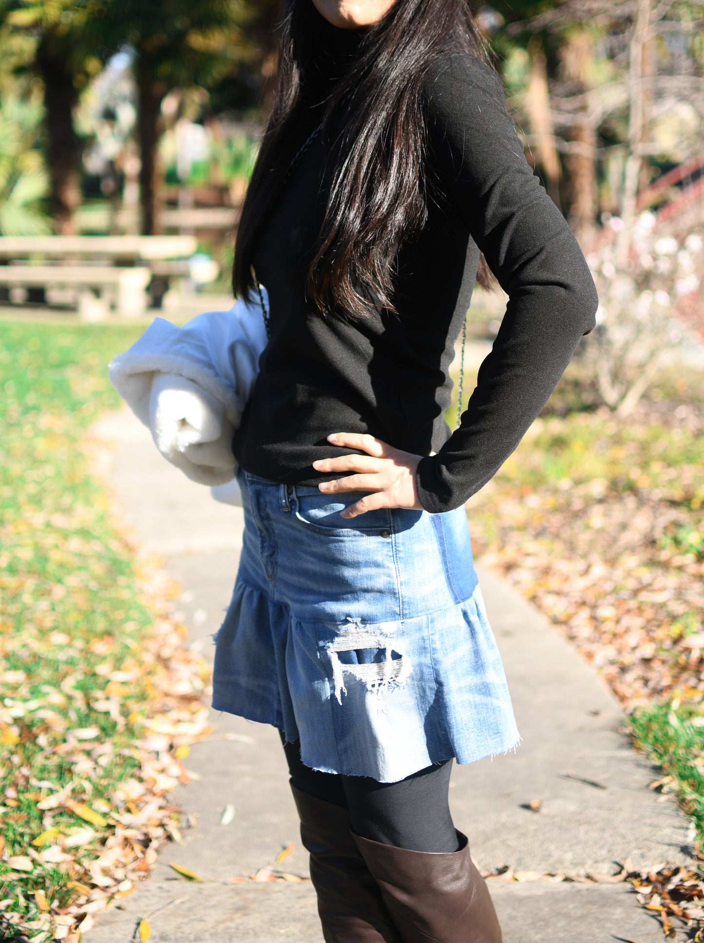 Handmade Upcycled Distressed Two-Section Light Blue Gathered Denim Short Skirt Size Medium