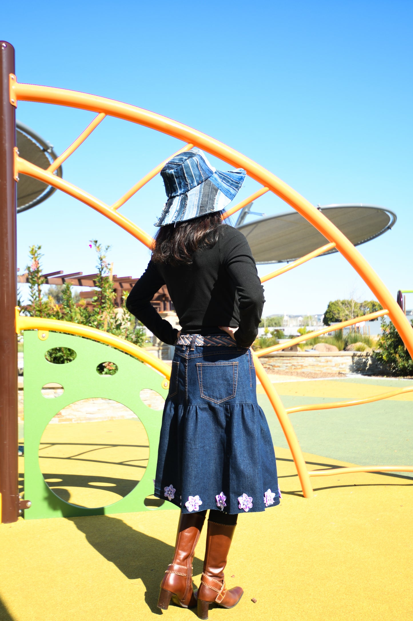 Handmade Navy Two-Section Gathered Denim Knee Length Skirt With Purple Flowers