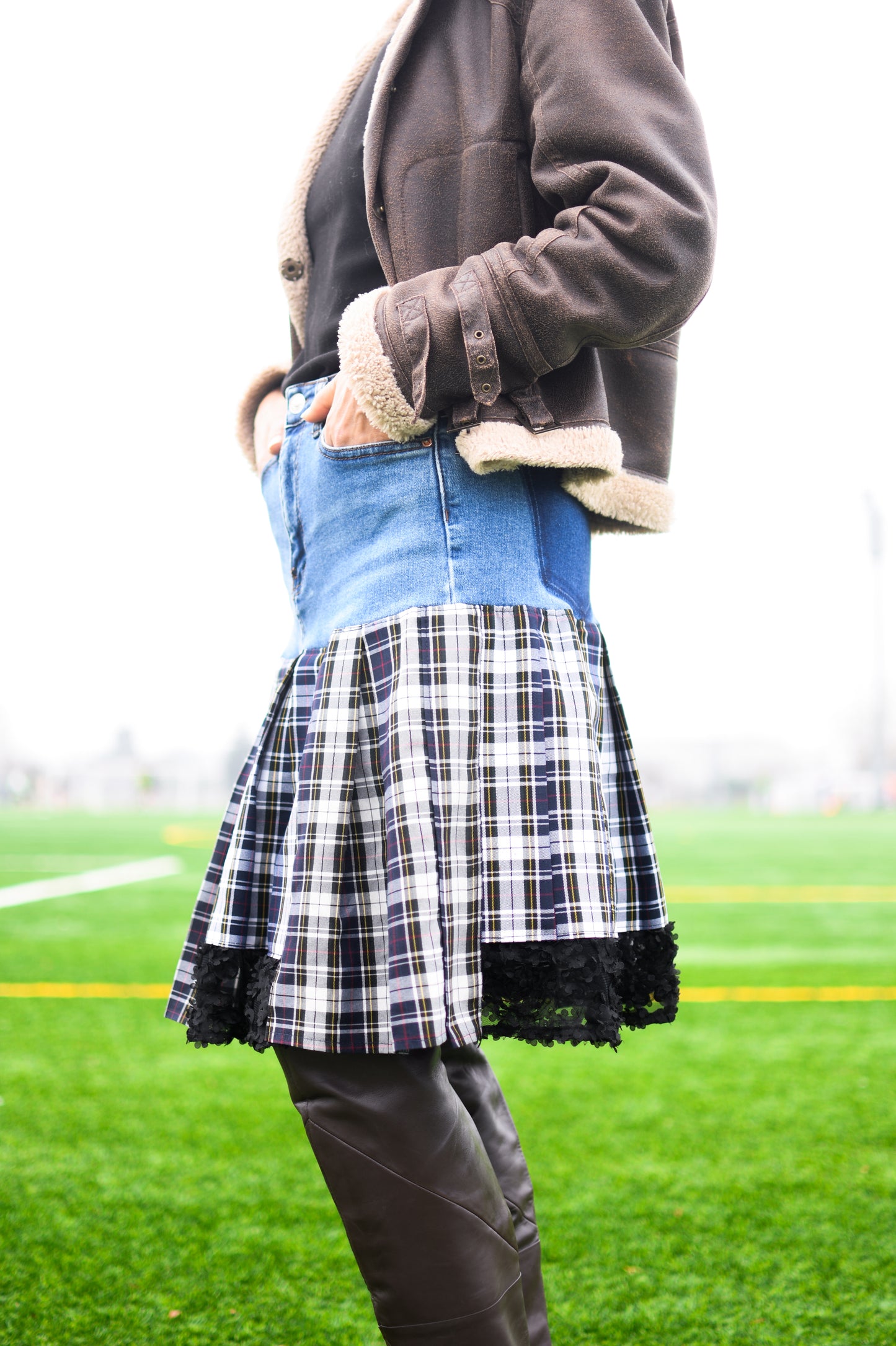1 Of 1 Handmade Two-Tier Denim And Navy White Plaid Box-Pleat Short Skirt With Black Lace And Black Textured Hem Upcycled Size Small