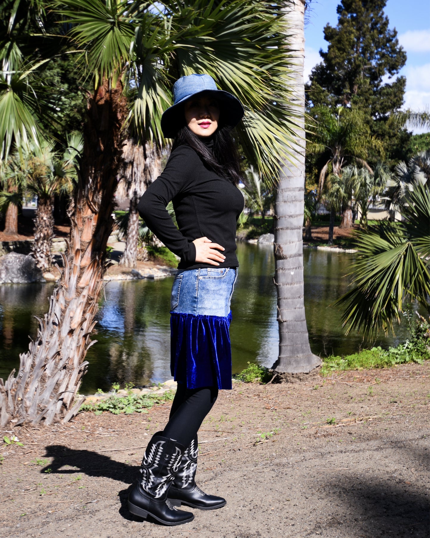 Handmade 1 Of 1 Upcycled Natural Blue Denim And Royal Blue Velvet Two-Section Gathered Short Skirt One Size Size Medium