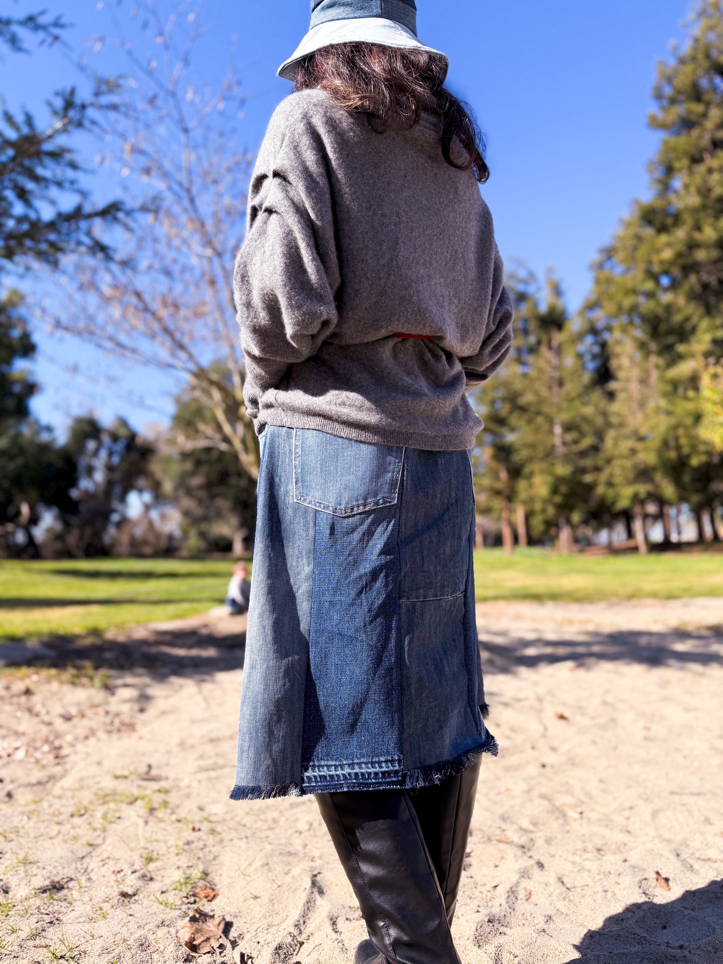 Handmade Upcycled Two-Shades Denim Patchwork A-Line Mid-Length Skirt W/ Elastic Waistband And Four Patch Pockets Size M L XL 0X 1X ALL Fit