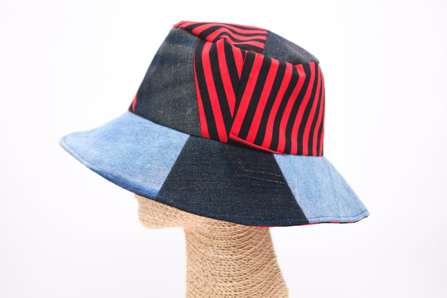1 Of 1 4-Way-Wear Handmade Black Red Stripes And Denim Patchwork Bucket Hat One Size Only ONE Up To 23 Head Circumference