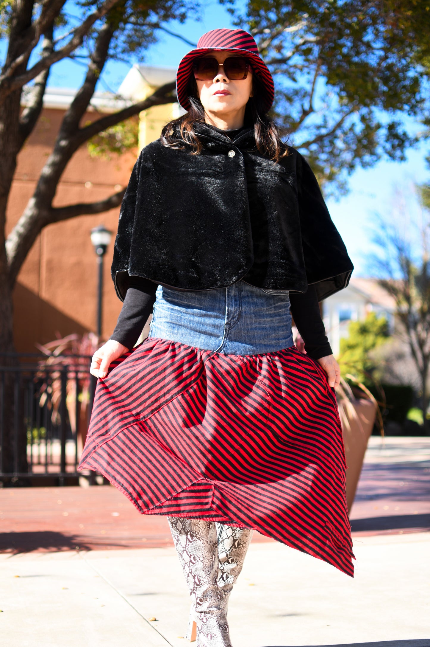 1 Of 1 4-Way-Wear Handmade Black Red Stripes And Denim Bucket Hat One Size Only ONE Up To 23 Head Circumference