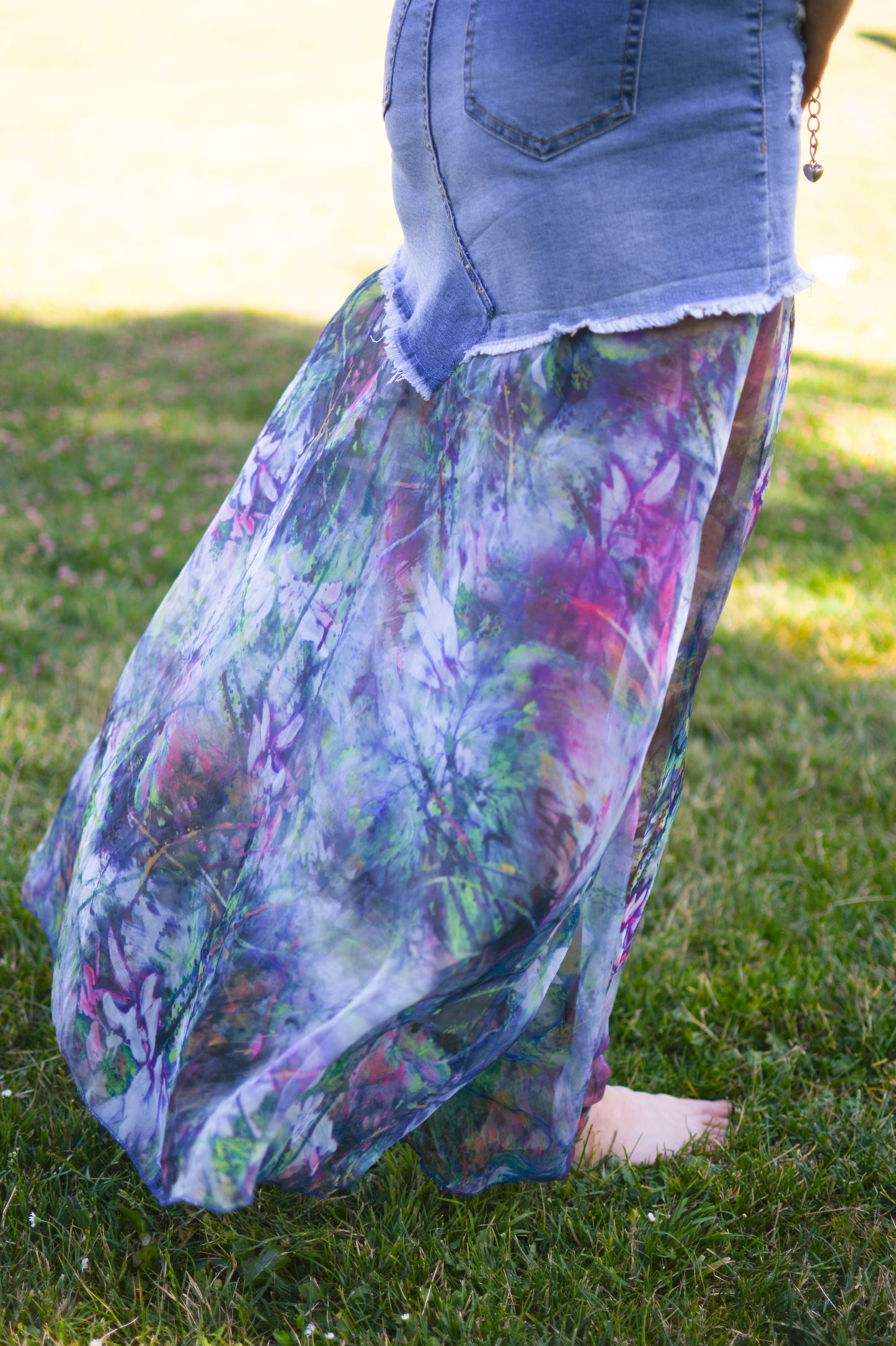 Handmade Upcycled Floral Print Chiffon Denim Skirt With Four Original Denim Shorts Pockets ONLY One Size Small Size Medium Size 7