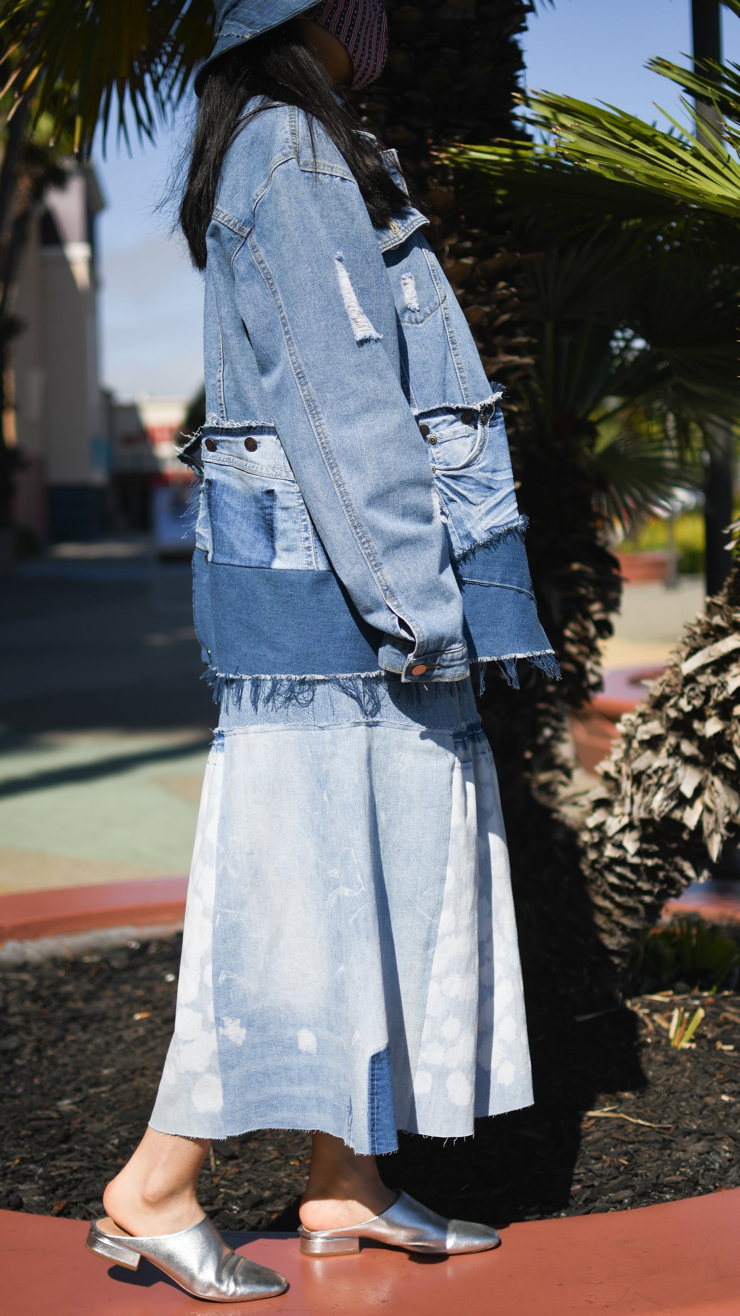 Handmade 1 Of 1 Upcycled White Speckles Denim Long With Area Gathers Only ONE Size Medium Size Large Jeans Size 29