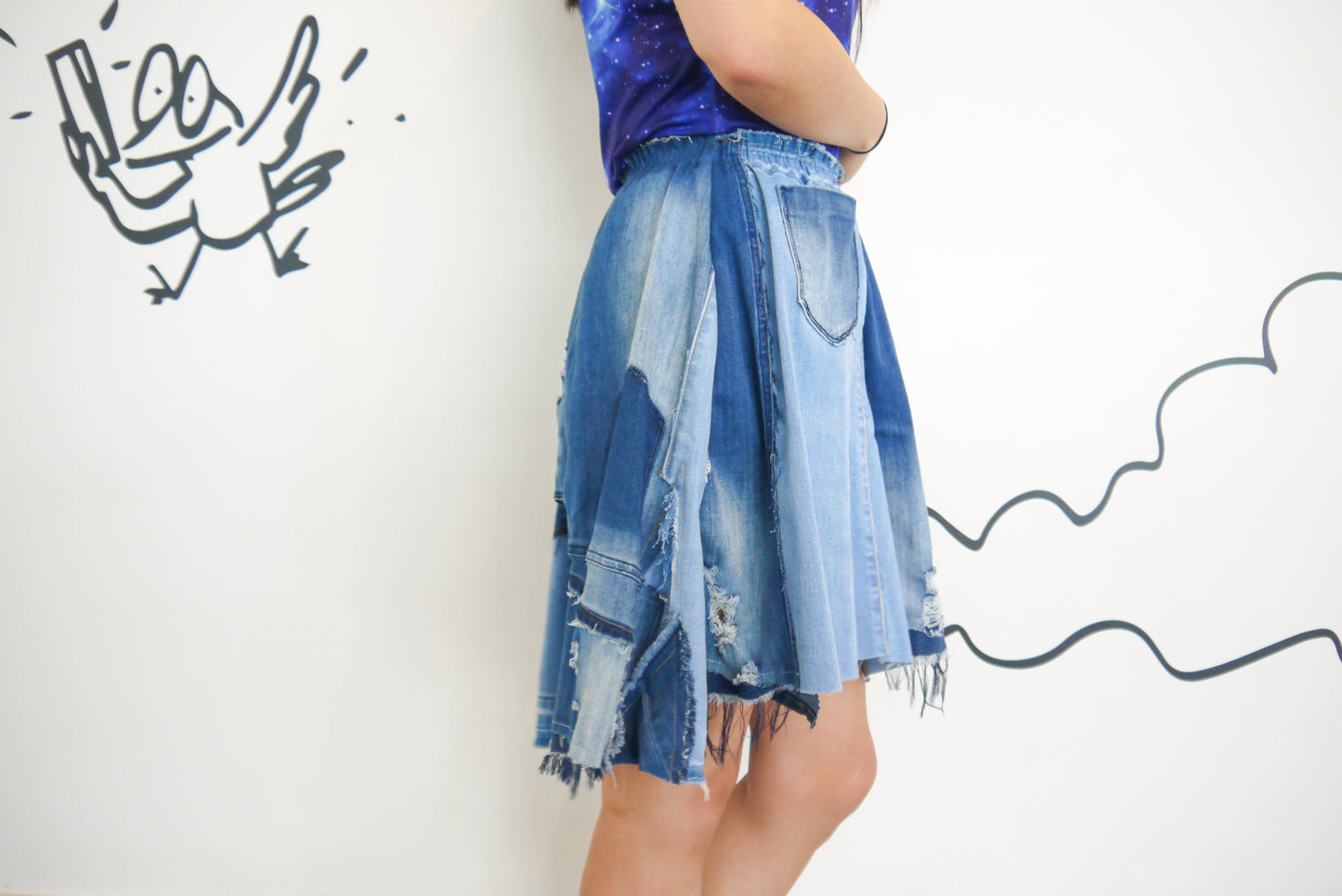Handmade Upcycled Multi-Shades Denim Patchwork A-Line Short Skirt W/ Elastic Waistband And Two Patch Pockets XS S M L XL 0X 1X ALL Fit