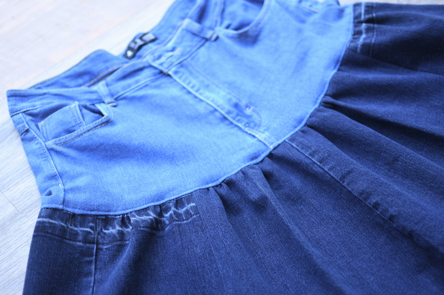 Handmade Upcycled Two Section Gathered Denim Long With Original Pockets Only One Size XL