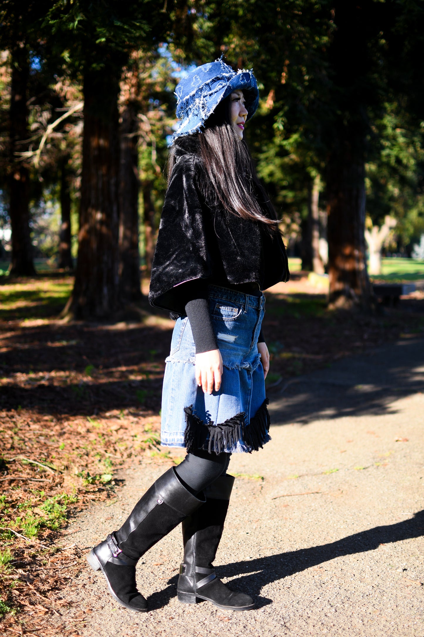 1 Of 1 Handmade Two-Tier Denim Gathered Short Skirt With Black Tassels Frayed Edges And Original Jeans Pockets Size Medium Size 8