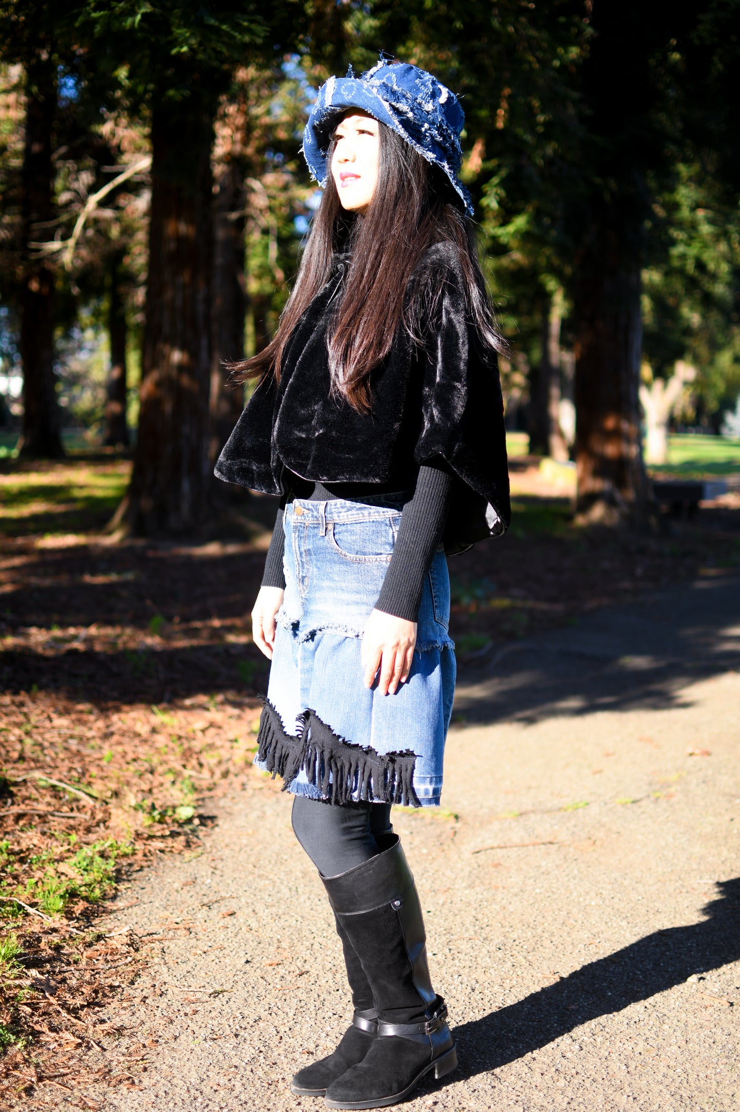 1 Of 1 Handmade Two-Tier Denim Gathered Short Skirt With Black Tassels Frayed Edges And Original Jeans Pockets Size Medium Size 8
