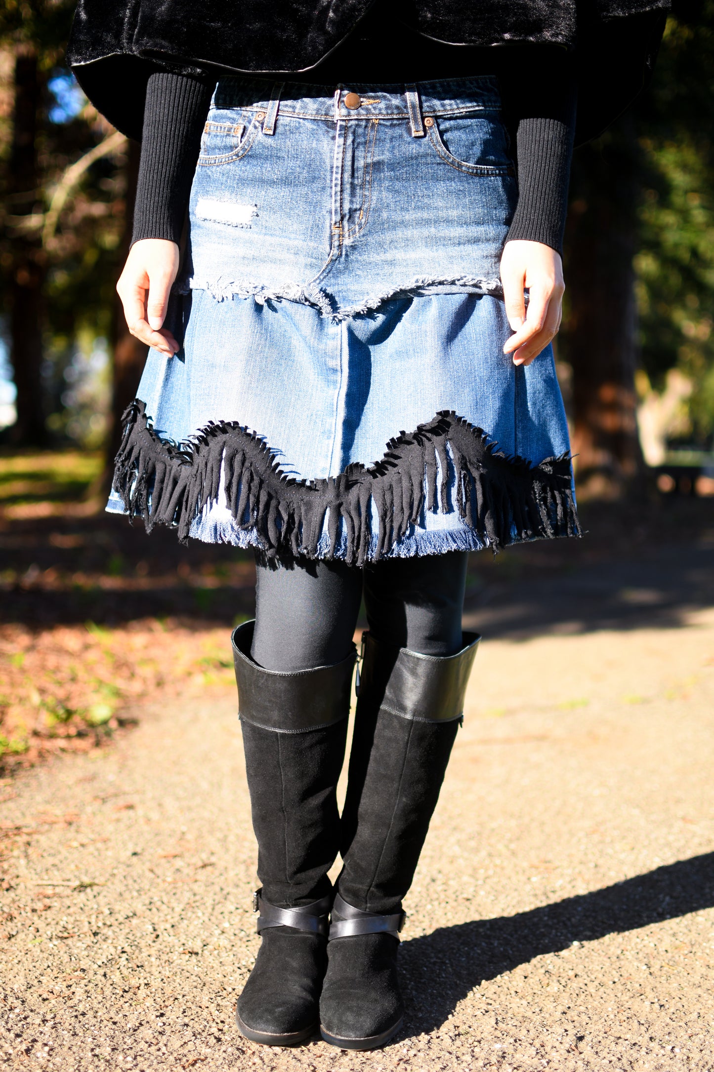 1 Of 1 Handmade Two-Tier Denim Gathered Short Skirt With Black Tassels Frayed Edges And Original Jeans Pockets Size Medium Size 8