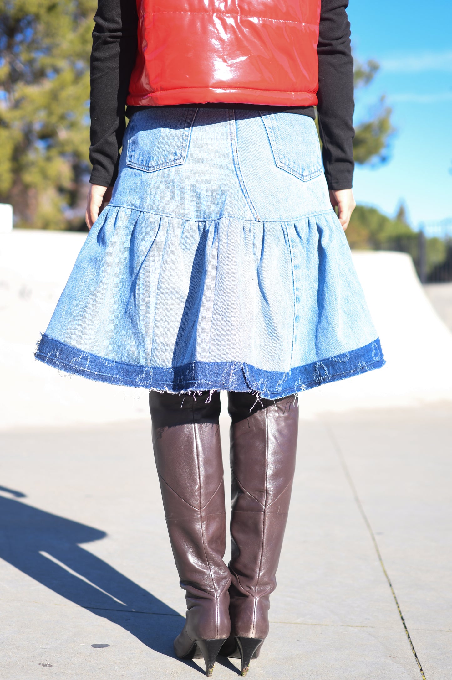 1 Of 1 Handmade A-Line Two Section Gathered Knee Length Denim Skirt With Contrast Color Frayed Edges Hem Upcycled Size Medium