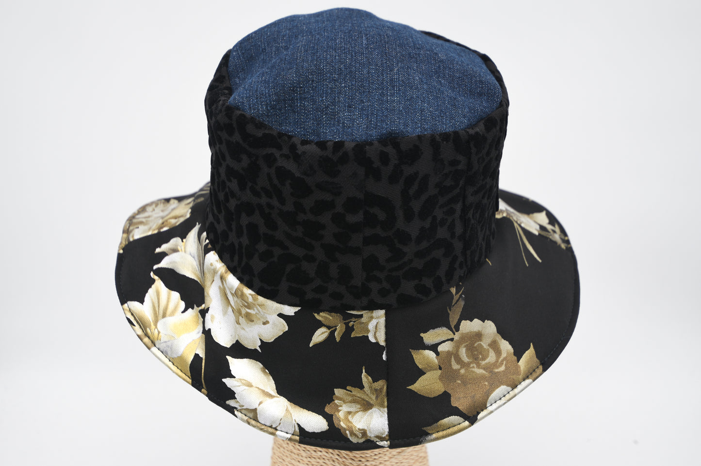 1 Of 1 4-Way-Wear Handmade Golden Floral Print Black Texture And Blue Denim Bucket Hat One Size Only ONE Up To 23 Head Circumference