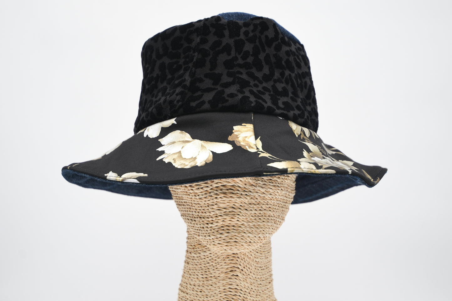 1 Of 1 4-Way-Wear Handmade Golden Floral Print Black Texture And Blue Denim Bucket Hat One Size Only ONE Up To 23 Head Circumference