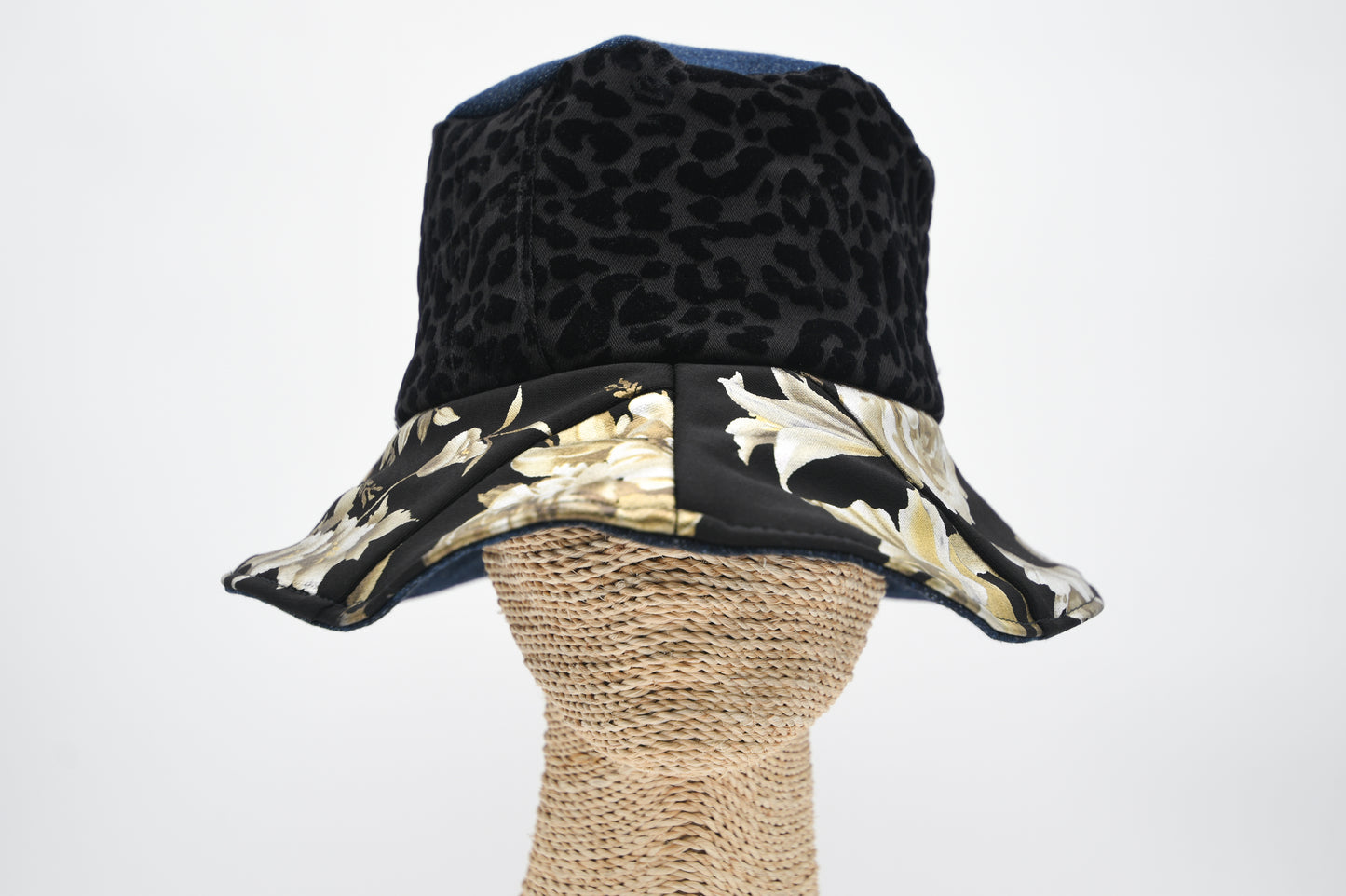 1 Of 1 4-Way-Wear Handmade Golden Floral Print Black Texture And Blue Denim Bucket Hat One Size Only ONE Up To 23 Head Circumference