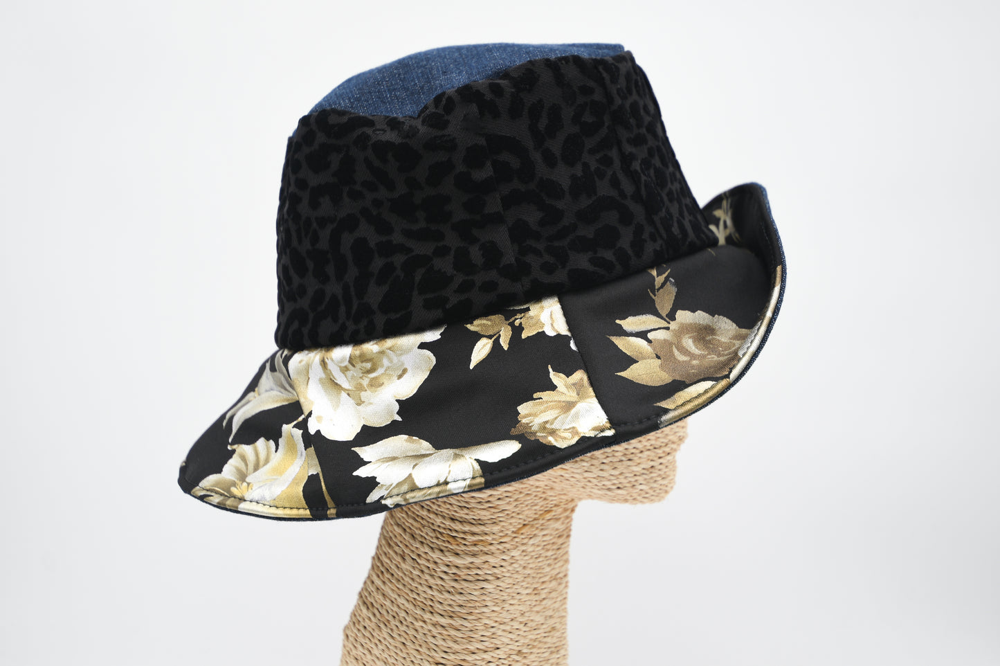 1 Of 1 4-Way-Wear Handmade Golden Floral Print Black Texture And Blue Denim Bucket Hat One Size Only ONE Up To 23 Head Circumference