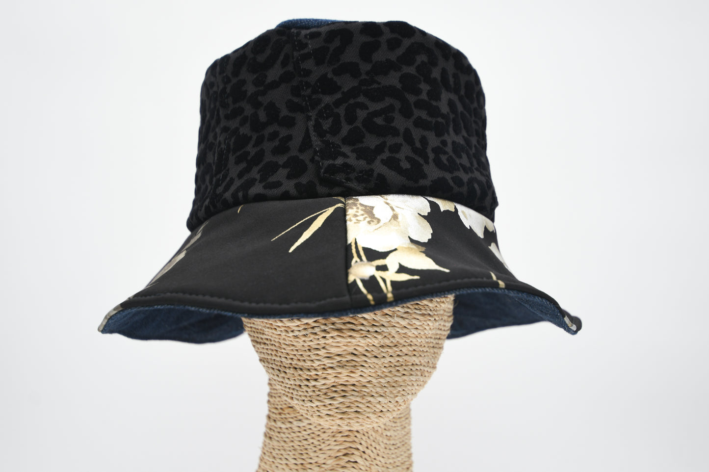 1 Of 1 4-Way-Wear Handmade Golden Floral Print Black Texture And Blue Denim Bucket Hat One Size Only ONE Up To 23 Head Circumference