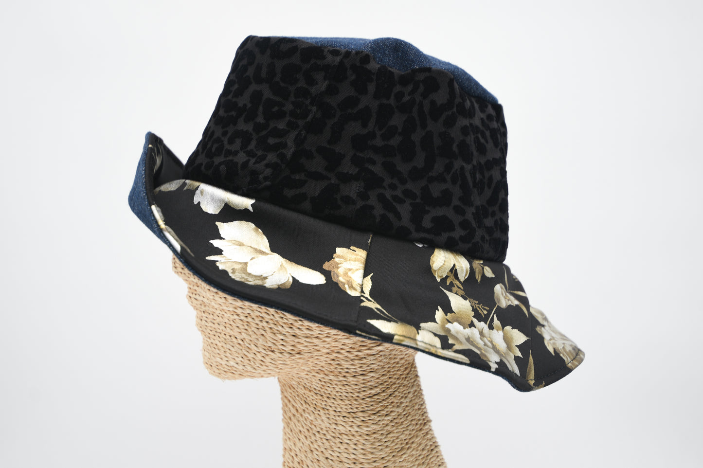 1 Of 1 4-Way-Wear Handmade Golden Floral Print Black Texture And Blue Denim Bucket Hat One Size Only ONE Up To 23 Head Circumference