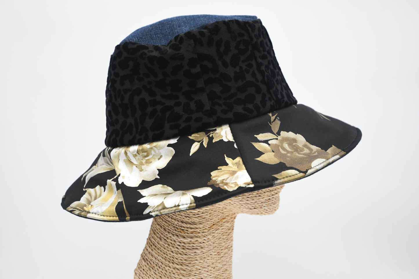 1 Of 1 4-Way-Wear Handmade Golden Floral Print Black Texture And Blue Denim Bucket Hat One Size Only ONE Up To 23 Head Circumference