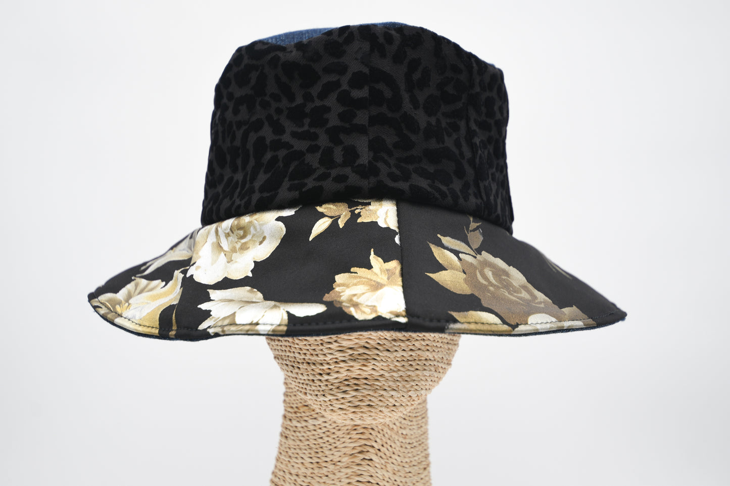 1 Of 1 4-Way-Wear Handmade Golden Floral Print Black Texture And Blue Denim Bucket Hat One Size Only ONE Up To 23 Head Circumference