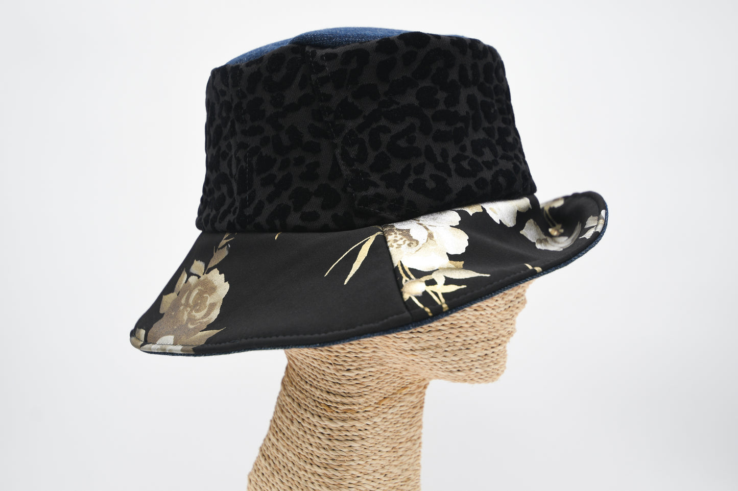 1 Of 1 4-Way-Wear Handmade Golden Floral Print Black Texture And Blue Denim Bucket Hat One Size Only ONE Up To 23 Head Circumference