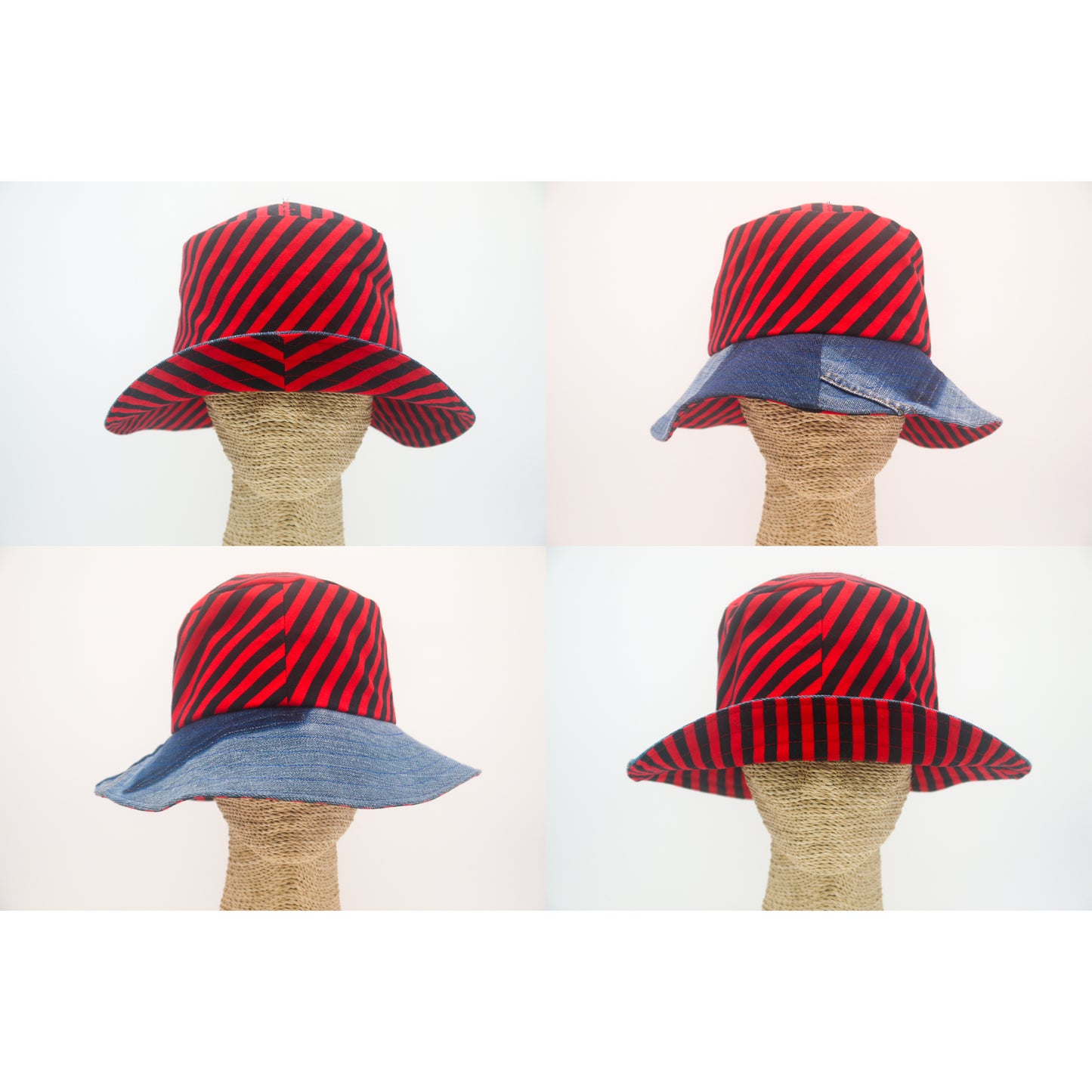 1 Of 1 4-Way-Wear Handmade Black Red Stripes And Denim Bucket Hat One Size Only ONE Up To 23 Head Circumference