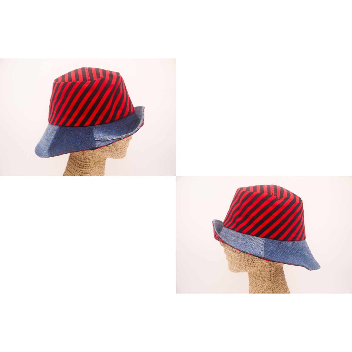 1 Of 1 4-Way-Wear Handmade Black Red Stripes And Denim Bucket Hat One Size Only ONE Up To 23 Head Circumference