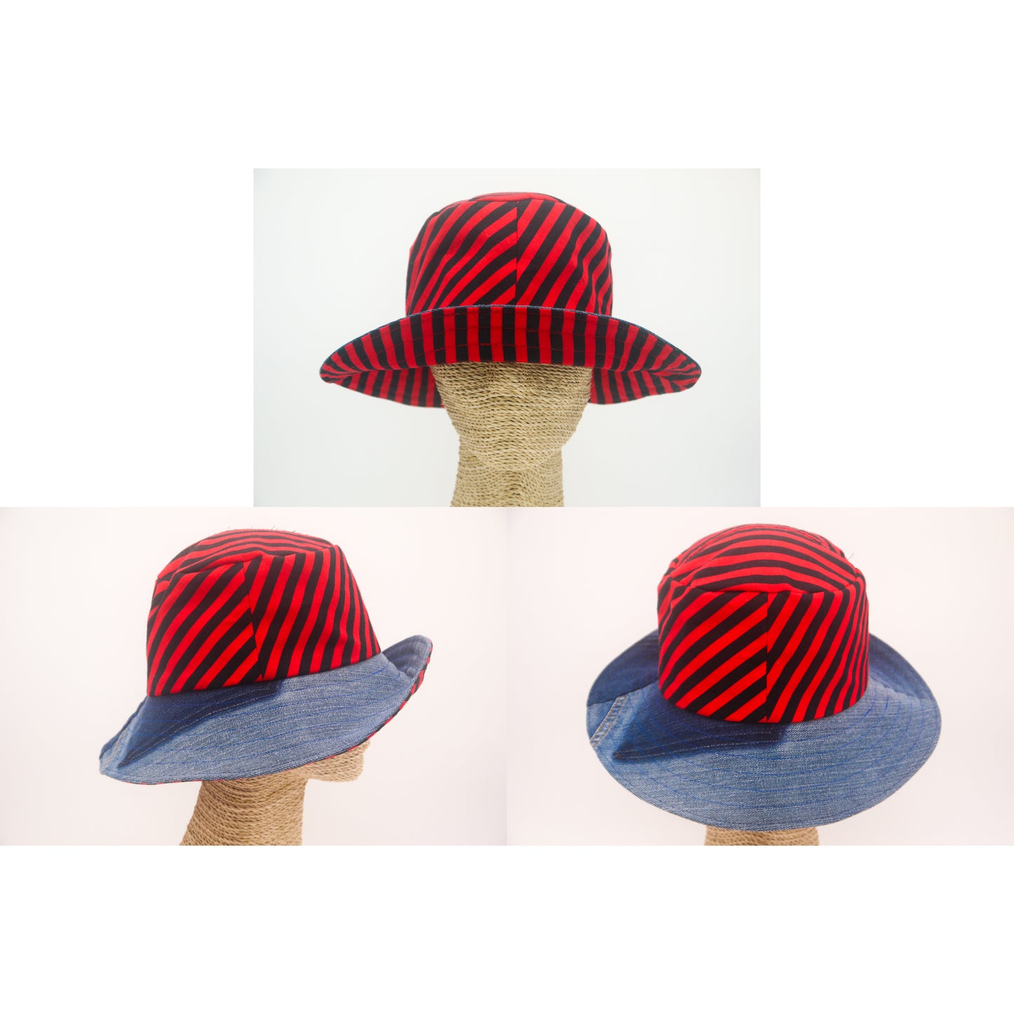 1 Of 1 4-Way-Wear Handmade Black Red Stripes And Denim Bucket Hat One Size Only ONE Up To 23 Head Circumference