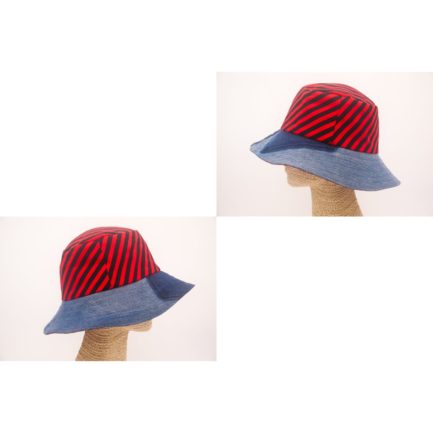 1 Of 1 4-Way-Wear Handmade Black Red Stripes And Denim Bucket Hat One Size Only ONE Up To 23 Head Circumference