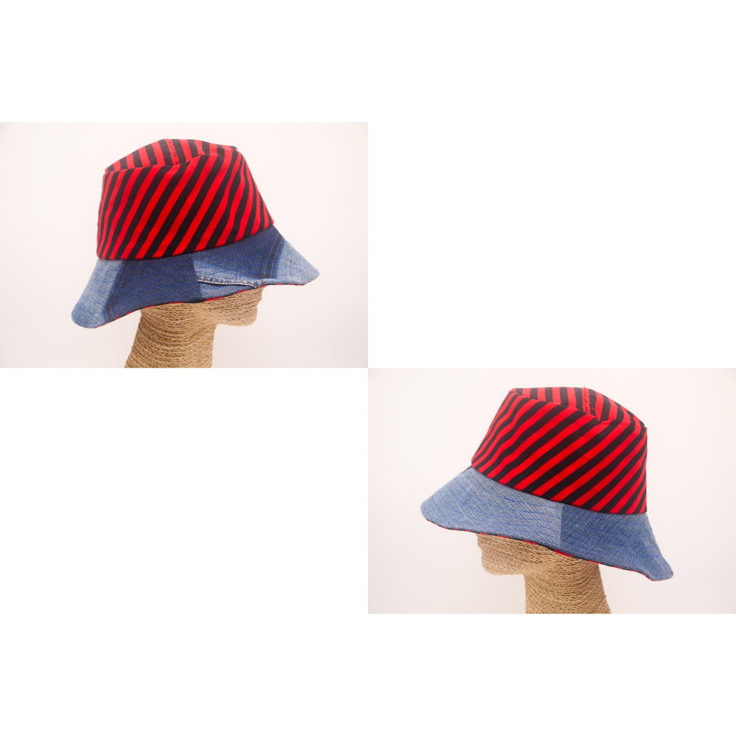 1 Of 1 4-Way-Wear Handmade Black Red Stripes And Denim Bucket Hat One Size Only ONE Up To 23 Head Circumference
