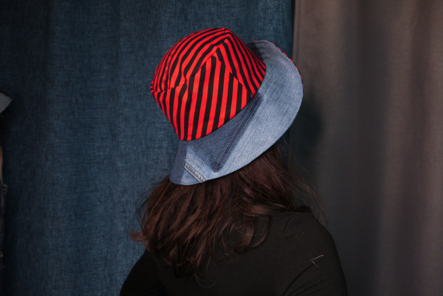 1 Of 1 4-Way-Wear Handmade Black Red Stripes And Denim Bucket Hat One Size Only ONE Up To 23 Head Circumference