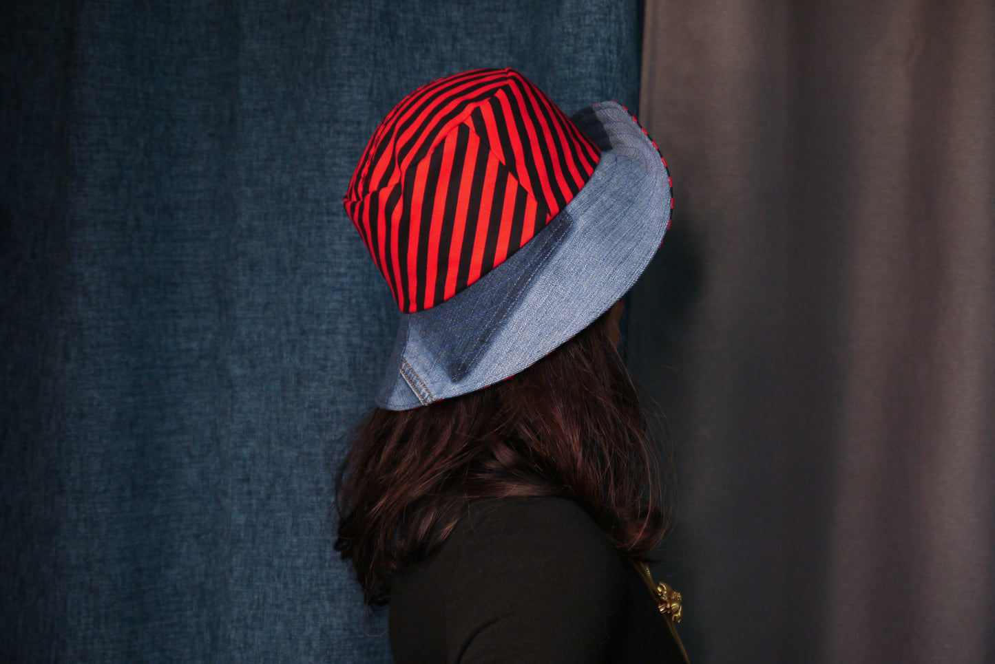 1 Of 1 4-Way-Wear Handmade Black Red Stripes And Denim Bucket Hat One Size Only ONE Up To 23 Head Circumference