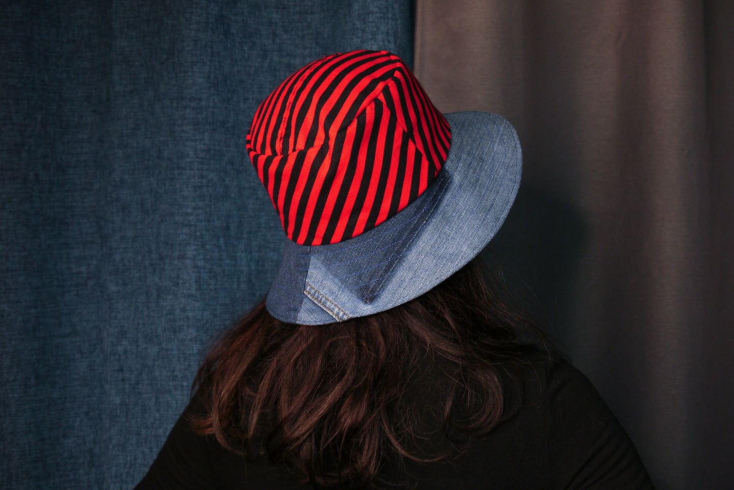 1 Of 1 4-Way-Wear Handmade Black Red Stripes And Denim Bucket Hat One Size Only ONE Up To 23 Head Circumference