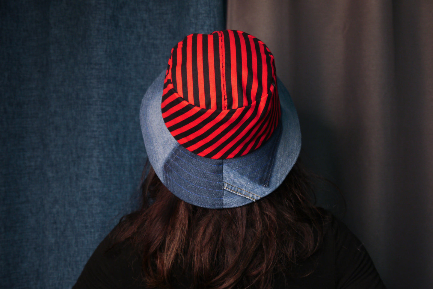 1 Of 1 4-Way-Wear Handmade Black Red Stripes And Denim Bucket Hat One Size Only ONE Up To 23 Head Circumference