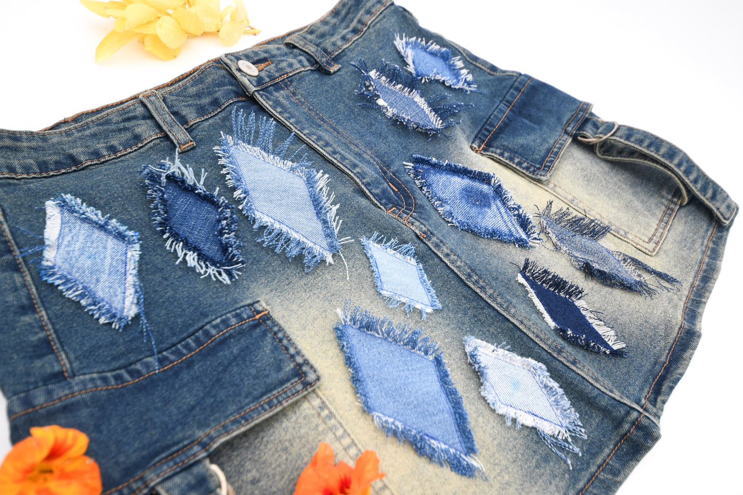 Handmade Denim Skirt Short Skirt With Distressed 'Diamonds' And Four Pockets Size M