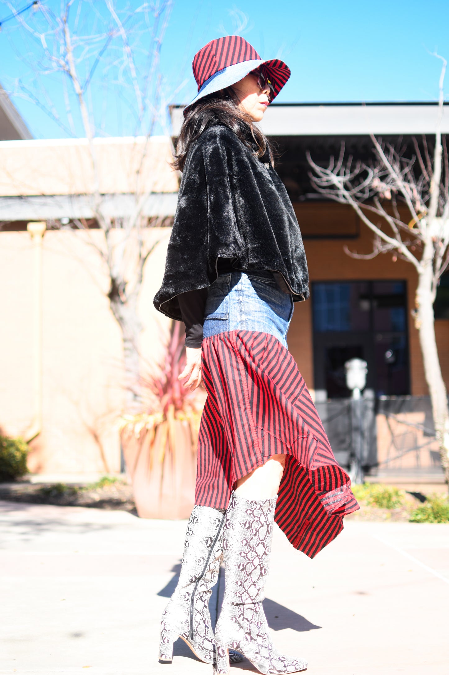 1 Of 1 4-Way-Wear Handmade Black Red Stripes And Denim Bucket Hat One Size Only ONE Up To 23 Head Circumference