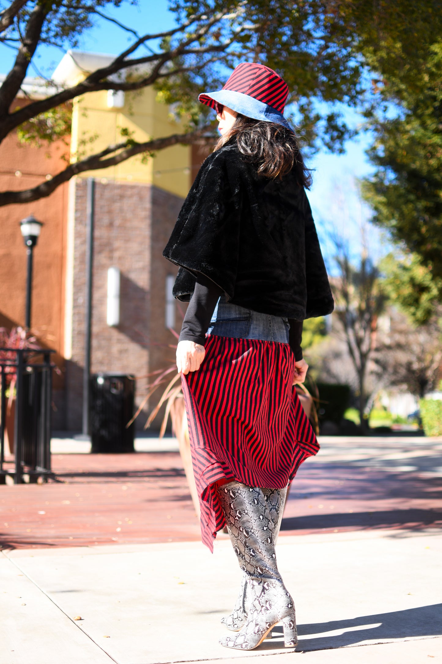 1 Of 1 4-Way-Wear Handmade Black Red Stripes And Denim Bucket Hat One Size Only ONE Up To 23 Head Circumference