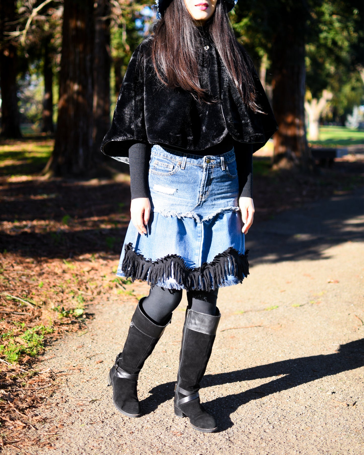 1 Of 1 Handmade Two-Tier Denim Gathered Short Skirt With Black Tassels Frayed Edges And Original Jeans Pockets Size Medium Size 8