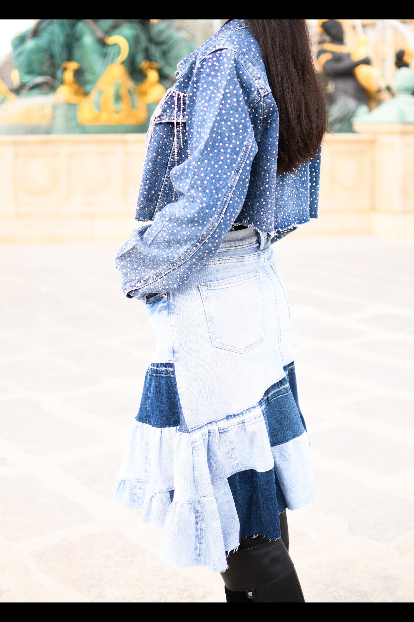 Asymmetrical Handmade Upcycled Three-Shades Denim A-Line Gathered Short Skirt Size Small Size Medium