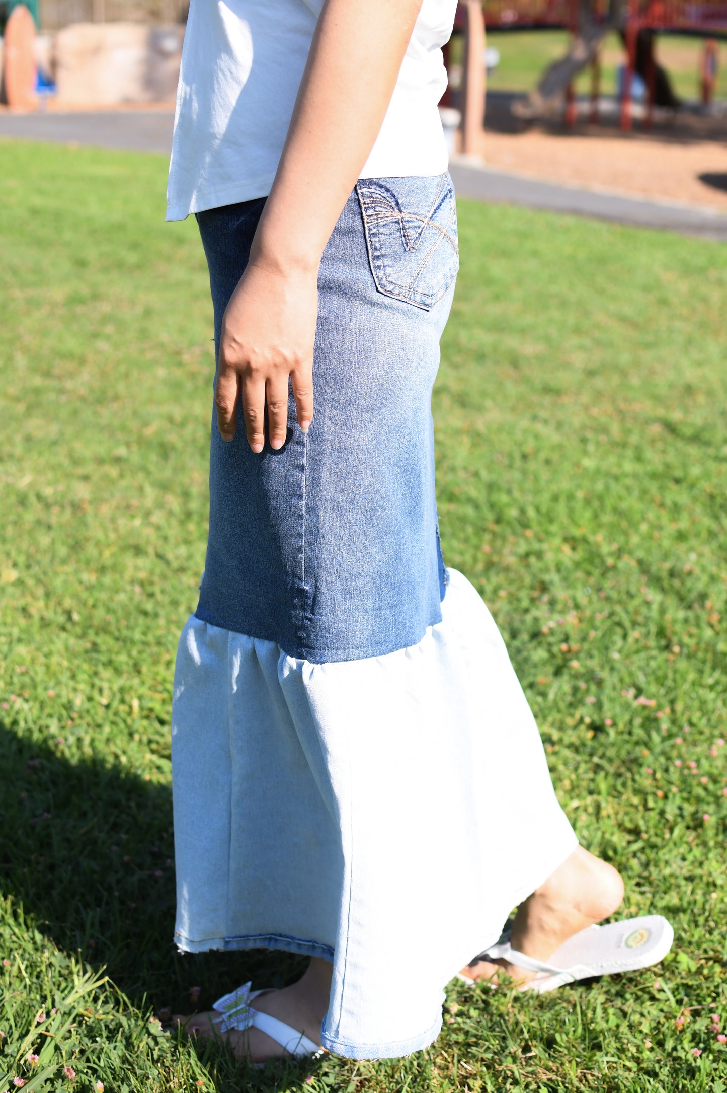 Handmade Upcycled Two-layered Contrast Color Denim Gathered Long Skirt With Pockets Only One Size 29 Size Small Size Medium