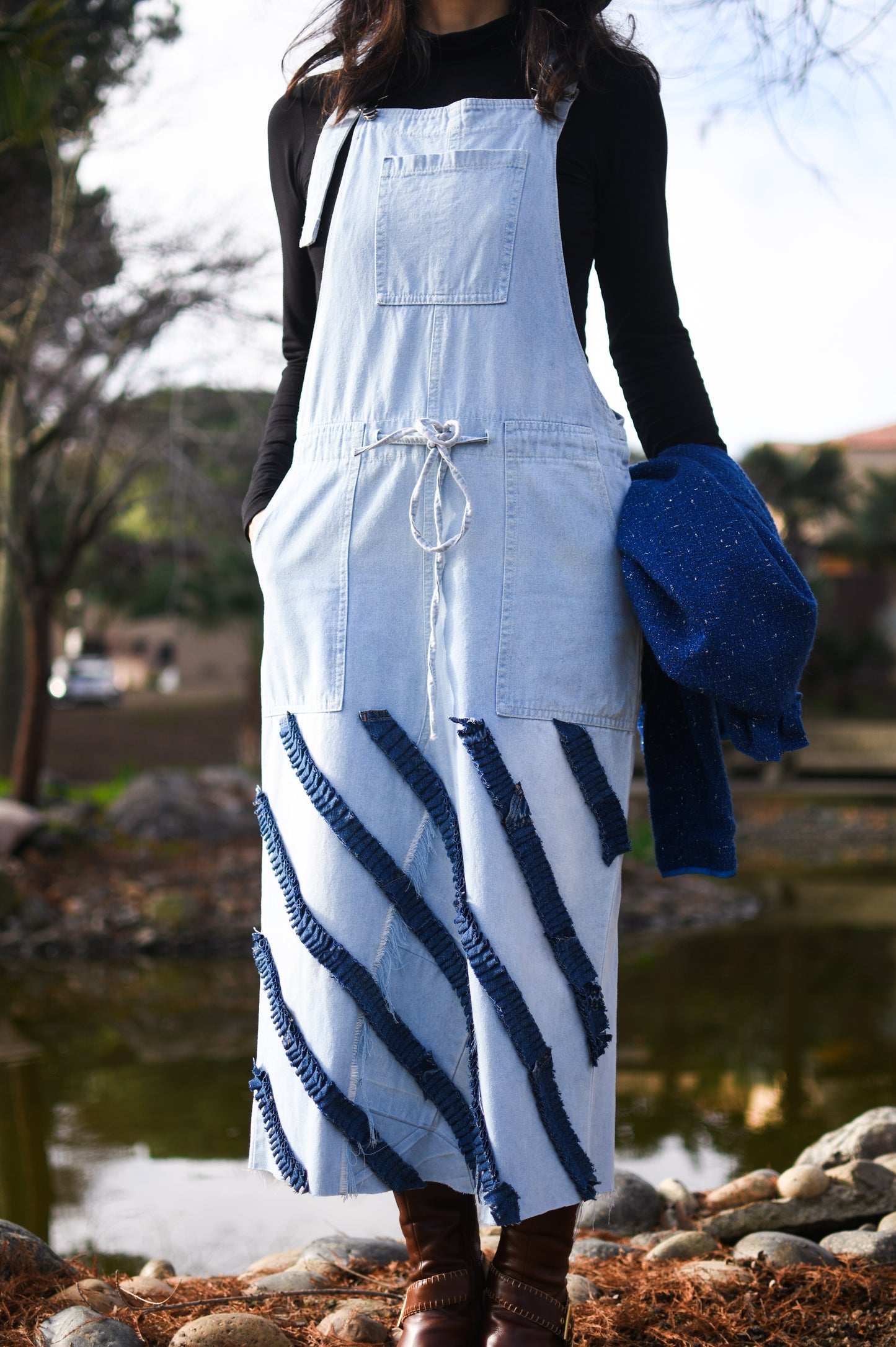 1 Of 1 Upcycled Denim Skirtall With Angled Ruffles Large Pockets And Adjustable Neck Straps Made From Denim Overall Size XS S