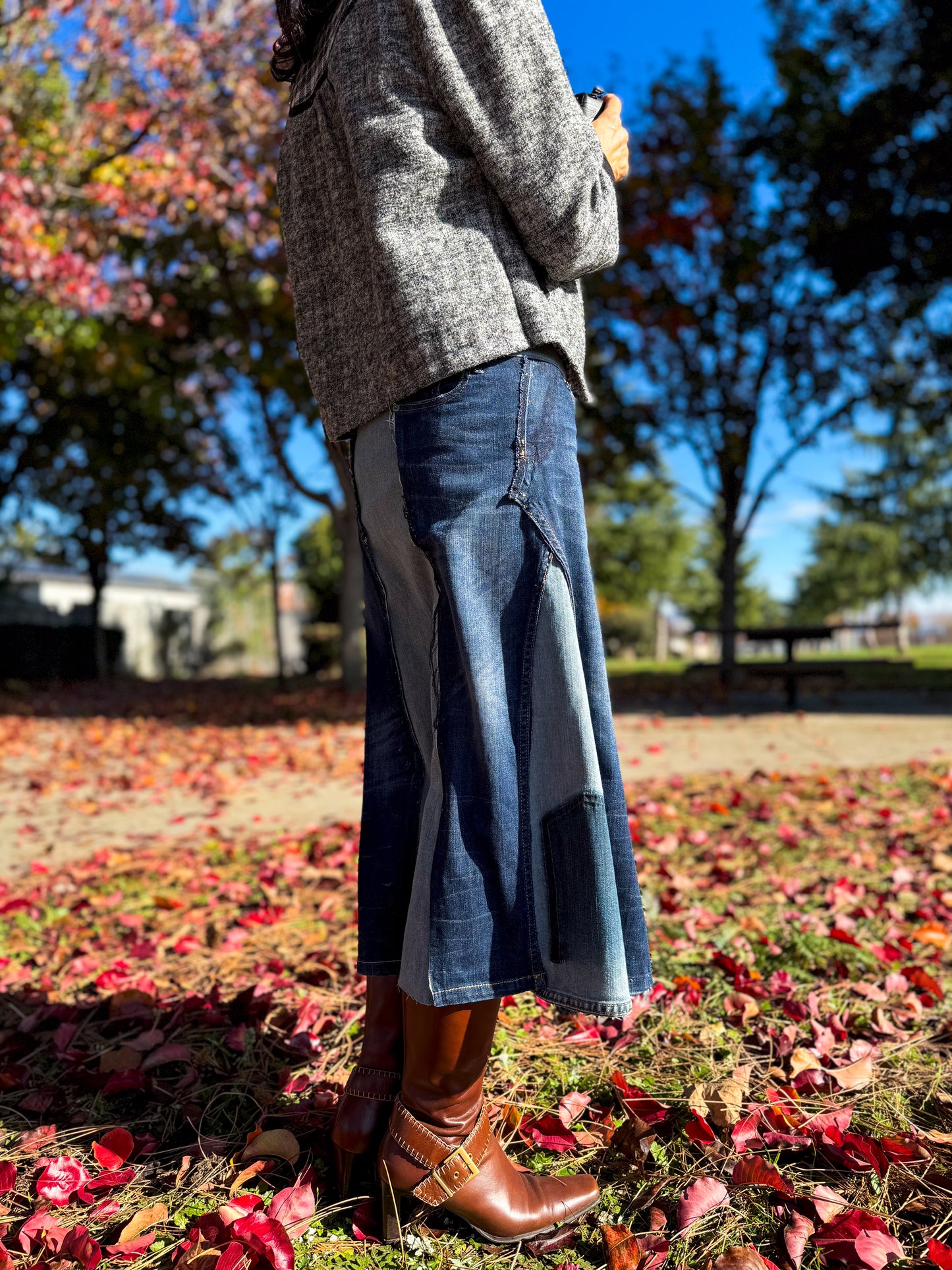 Handmade 1 Of 1 360 Degree Upcycled Two Tone Denim Calf Length Skirt From Kid Jeans With Elastic Waistband Only One Size XS, Small, Medium