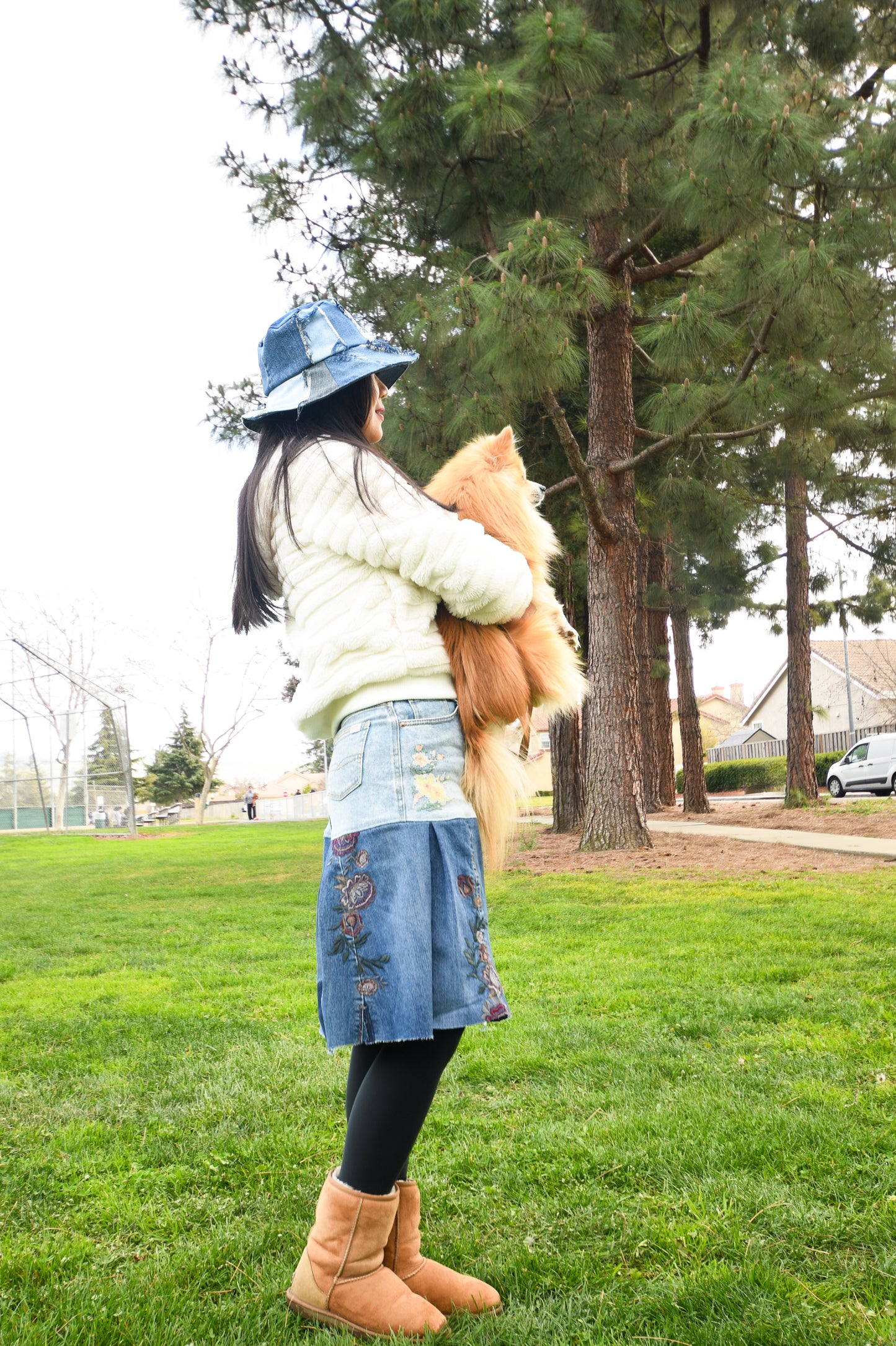 1 Of 1 Handmade Two-Tier Two Tone Denim Knee Length Plaid Box-Pleat Skirt With Embroidery And Original Four Pockets Upcycled Size Medium