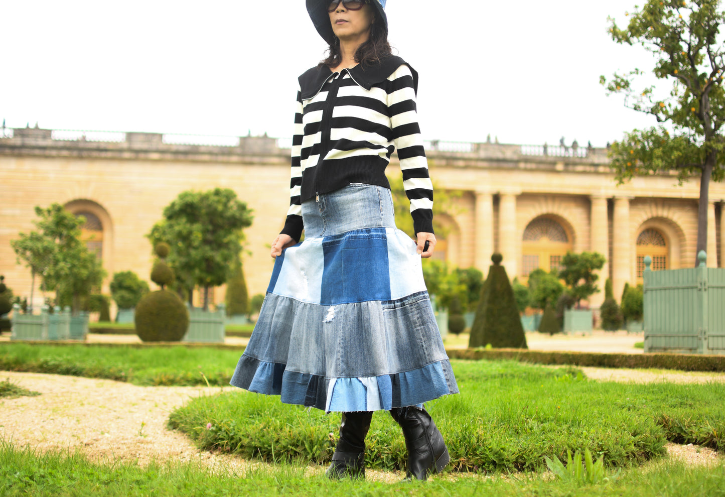 1 of 1 Four-Tier Upcycled Multi-Tone Denim Gathered Long Skirt With One Tier Denim Ruffle Size XS Size S
