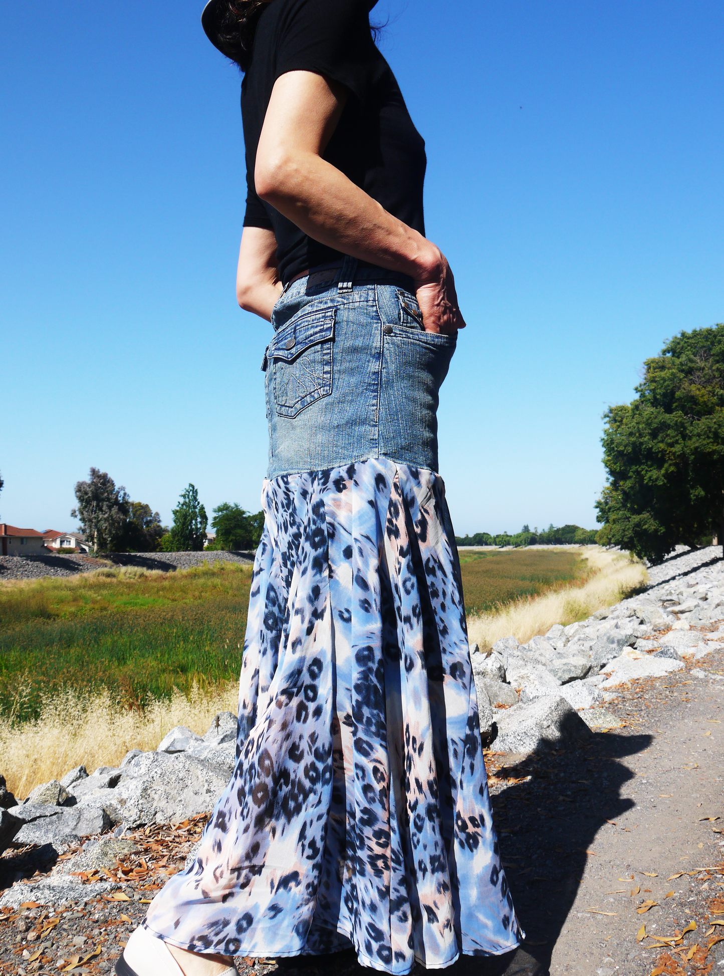 Upcycled Denim Leopard Print Chiffon Large Volume Godet Extra Flare Low Waist Long Skirt Size Medium Size 7 Size 8 Size 9 Only ONE
