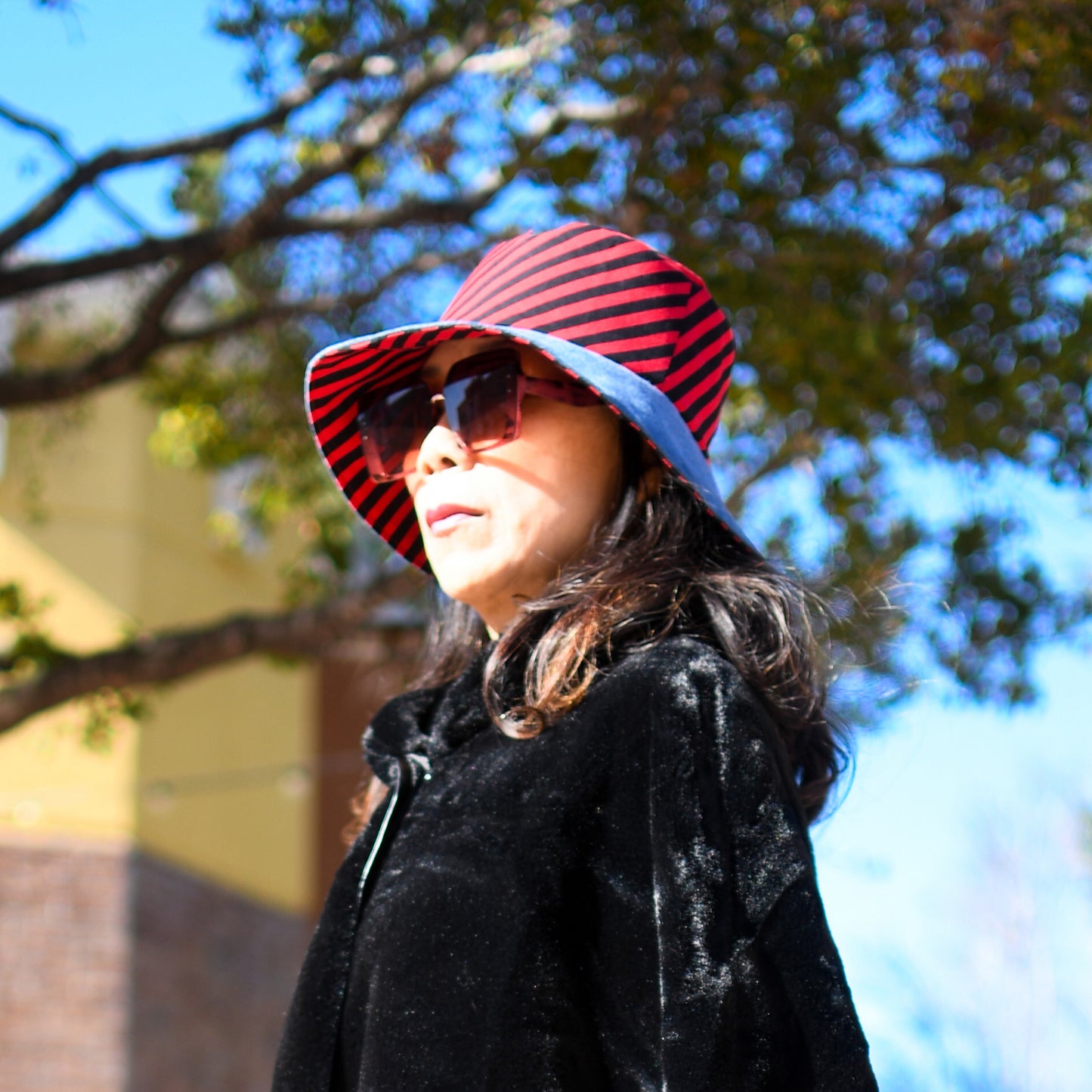 1 Of 1 4-Way-Wear Handmade Black Red Stripes And Denim Bucket Hat One Size Only ONE Up To 23 Head Circumference