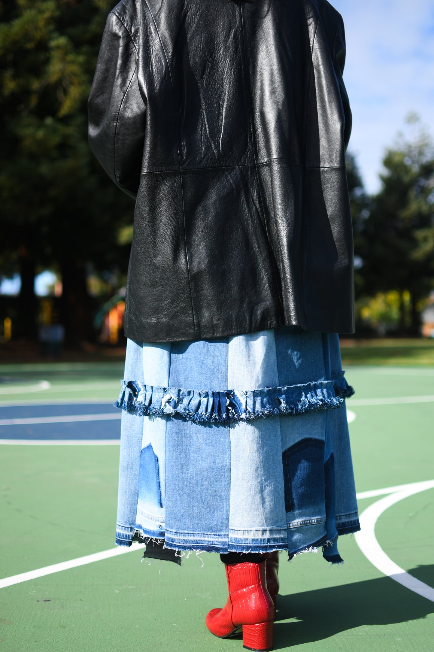 Handmade 1 Of 1 360 Degree Upcycled Denim Long Skirt With Ruffle In The Middle Elastic Waistband Only One One Size Small Medium Large XL XXL