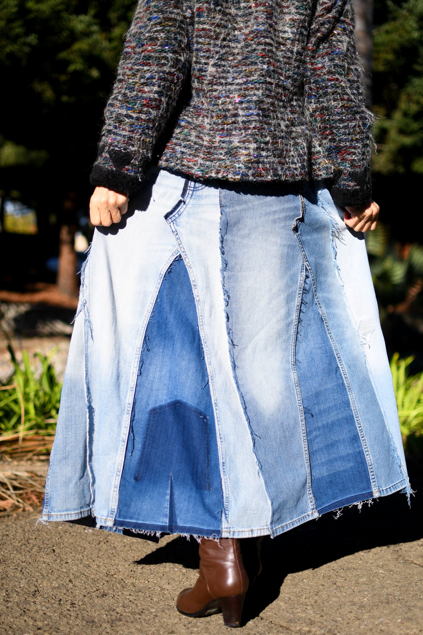Handmade 1 Of 1 360 Degree Upcycled Denim Long Skirt From 5 Pairs of Jeans With Elastic Waistband Only One Size XS S Medium Large XL 1X 2X