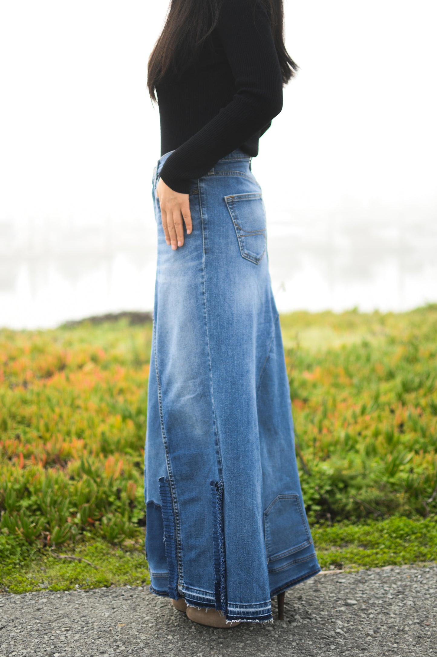 Handmade 1 Of 1 Upcycled Short Slit Denim Long Skirt With Ruffles Only ONE One Size Size Medium