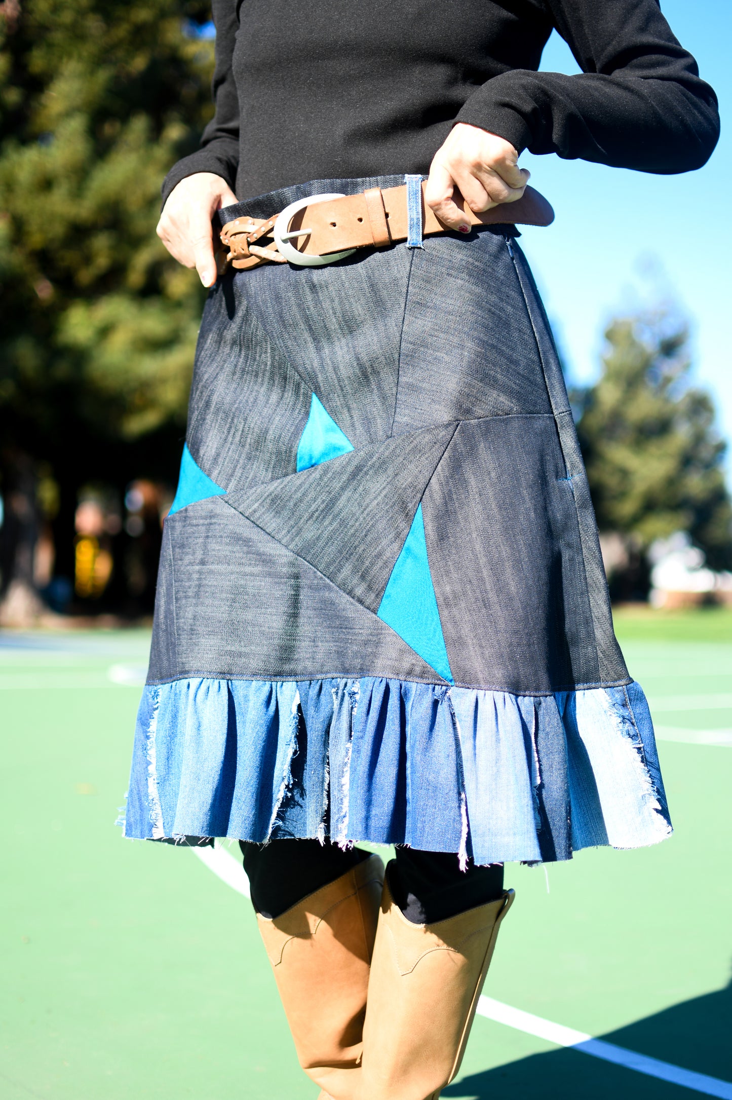 Handmade 1 Of 1 Upcycled Multi-Shade Denim Patchwork Two-Section Knee Length Skirt With Ruffle One Size Size Medium Size Large